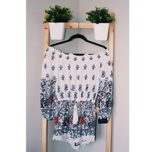 off the shoulder paisley romper